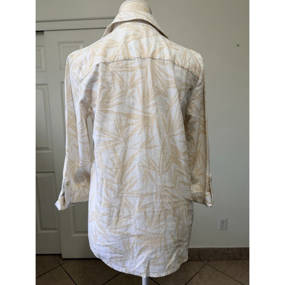 Anne Klein Women's Linen Blend Tropical Button Shirt XS Beige Resort Top Coastal - Picture 3 of 15